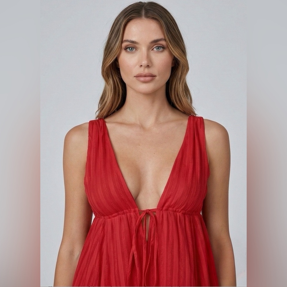 Ethereal 100% Cotton Deep V-Neck Babydoll Mini Dress Red - Picture 2 of 8